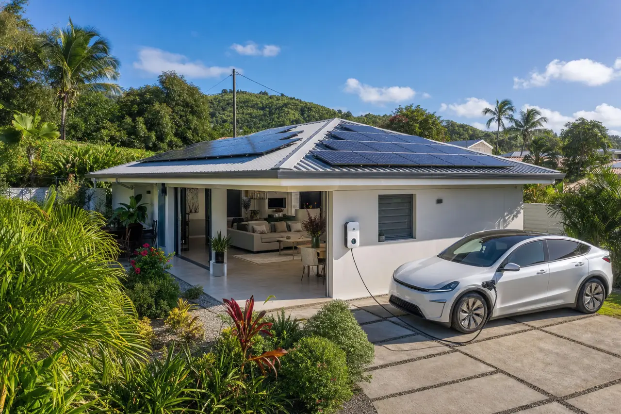 Borne de recharge couplée à des panneaux solaires en Martinique