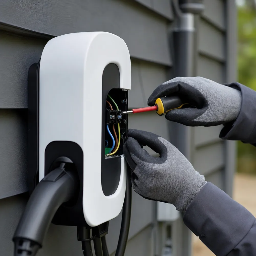 Technicien qualifié IRVE installant une borne de recharge
